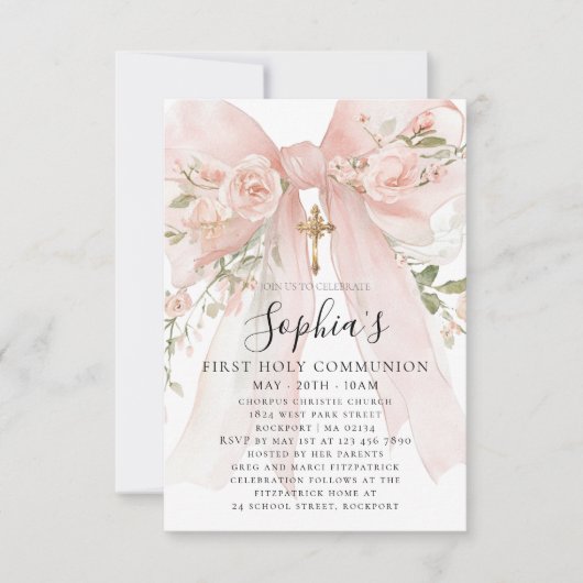 Pink Bow Rose Floral Girl First Communion Petite 招待状 (正面)