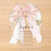 Pink Bow Rose Floral Girl's Christening Arch アクリル招待状 (正面)