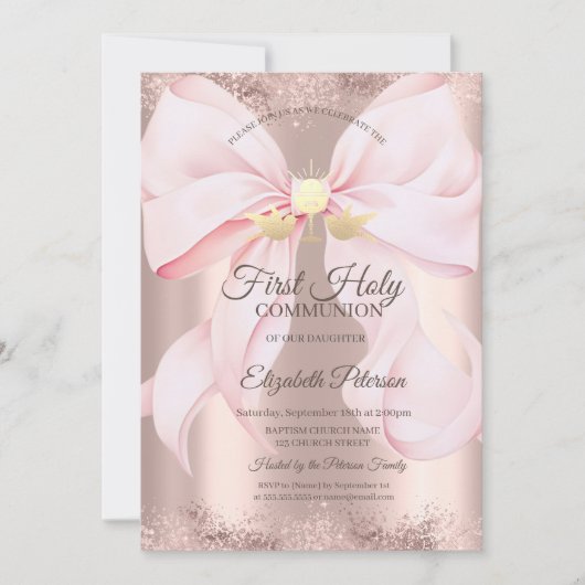 Pink Bow Rose Gold First Holy Communion   招待状 (正面)