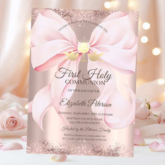 Pink Bow Rose Gold First Holy Communion   招待状