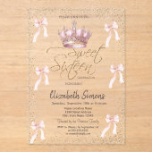 Pink Bow Royal Crow Confetti Sweet 16 アクリル招待状 (正面)