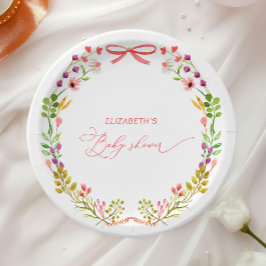 Pink Bow Rustic Floral Garden Baby Shower ペーパープレート