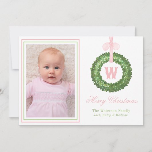 Pink Bow Sash Christmas Monogram Wreath シーズンカード (正面)
