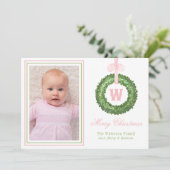 Pink Bow Sash Christmas Monogram Wreath シーズンカード (スタンド正面)