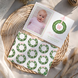 Pink Bow Sash Christmas Monogram Wreath シーズンカード