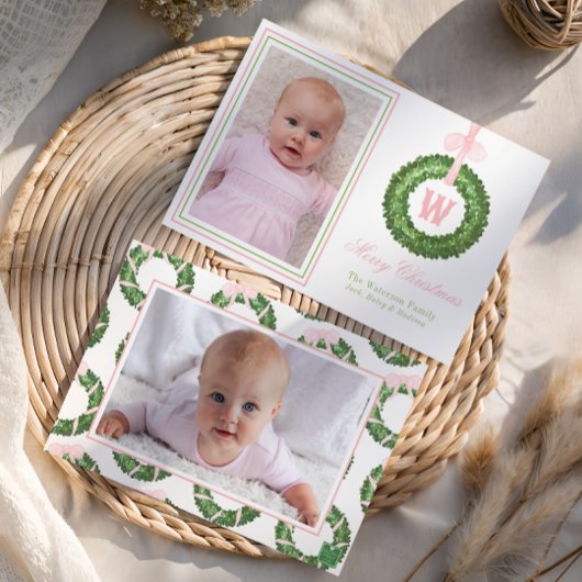 Pink Bow Sash Christmas Monogram Wreath シーズンカード