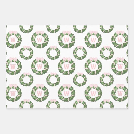 Pink Bow Sash Christmas Monogram Wreath ラッピングペーパーシート (正面)