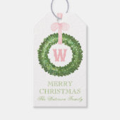 Pink Bow Sash Christmas Monogram Wreath Enclosure ギフトタグ (正面)