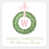 Pink Bow Sash Christmas Monogram Wreath Enclosure スクエアシール (正面)