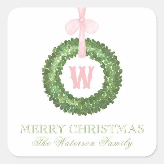 Pink Bow Sash Christmas Monogram Wreath Enclosure スクエアシール (正面)