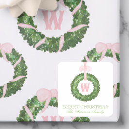 Pink Bow Sash Christmas Monogram Wreath Enclosure スクエアシール