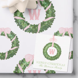 Pink Bow Sash Christmas Monogram Wreath Enclosure ノートカード