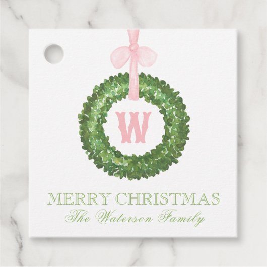 Pink Bow Sash Christmas Monogram Wreath Enclosure フェイバータグ (正面)