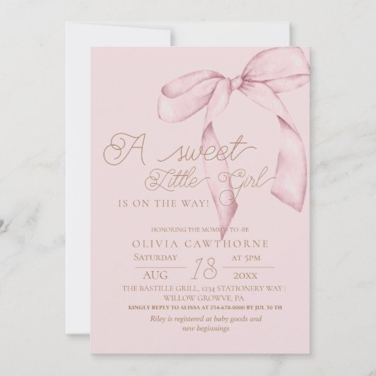 Pink Bow Script Baby Shower Invitation 招待状 (正面)