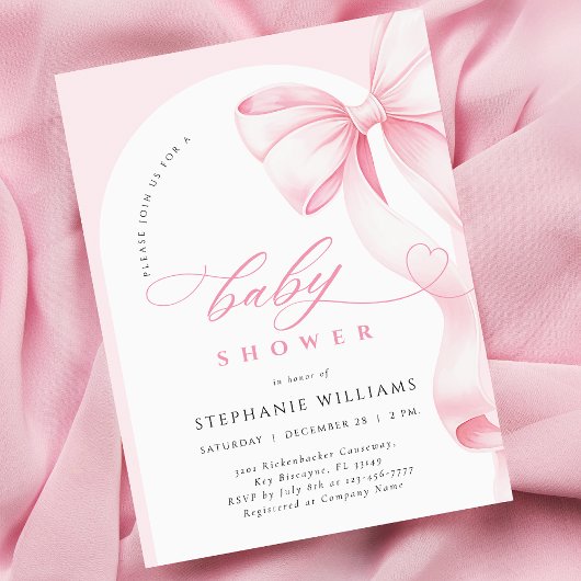 Pink Bow Script Baby Shower Invitation 招待状