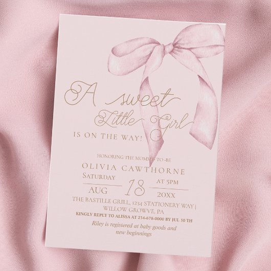 Pink Bow Script Baby Shower Invitation 招待状