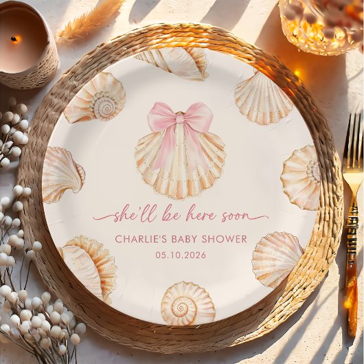 Pink Bow Seashell Baby Shower  Paper Plates ペーパープレート