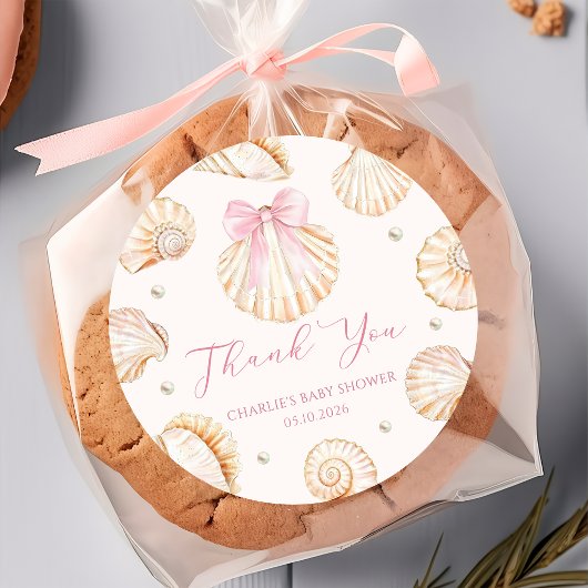 Pink Bow Seashell Coastal Baby Shower Sticker ラウンドシール