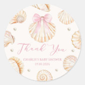 Pink Bow Seashell Coastal Baby Shower Sticker ラウンドシール (正面)