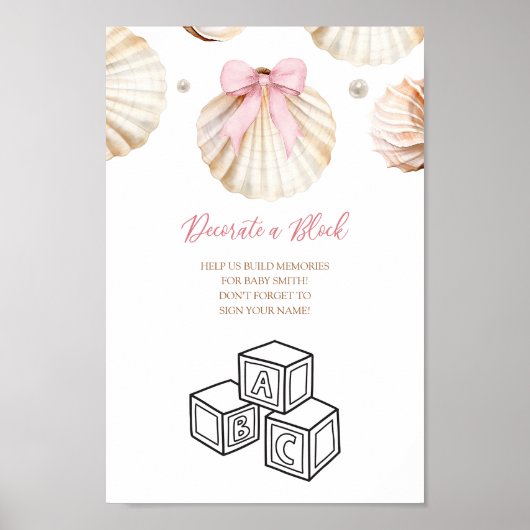 Pink Bow Shell Baby Shower Decorate Block Sign ポスター (正面)