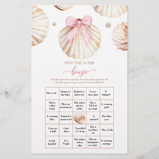 Pink Bow Shell Baby Shower Find The Guest Bingo (正面)