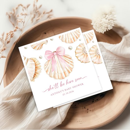 Pink Bow Shell Baby Shower Napkins スタンダードカクテルナプキン