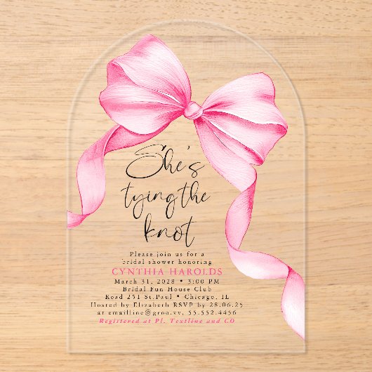 Pink Bow She's Tying the Knot Bridal Shower  アクリル招待状 (正面)