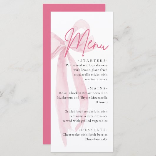 Pink Bow She's Tying the Knot Bridal Shower メニュー (正面/裏面)