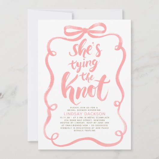 Pink Bow She's Tying The Knot Bridal Shower 招待状 (正面)