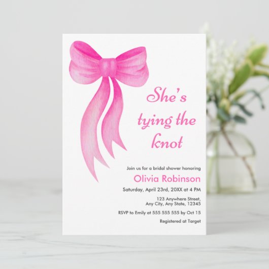 Pink Bow She's Tying the Knot Bridal Shower  招待状 (スタンド正面)