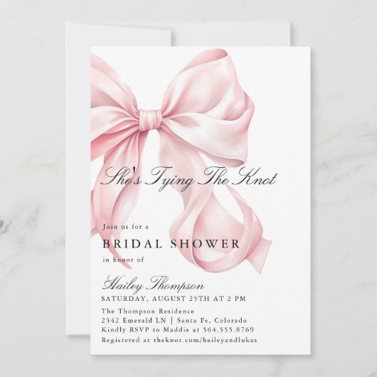 Pink Bow She's Tying The Knot Bridal Shower 招待状 (正面)