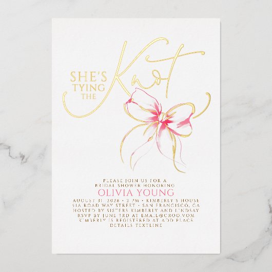 Pink Bow She's Tying The Knot Bridal Shower 箔招待状 (正面)