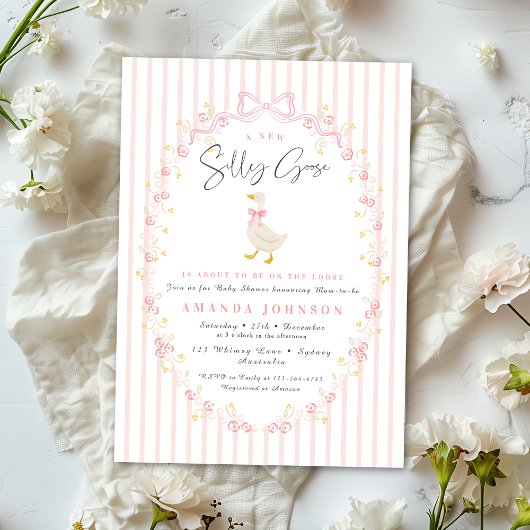 Pink Bow Silly Goose Coquette Gingham Baby Shower 招待状
