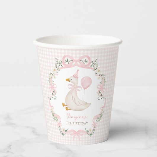 Pink Bow Silly Goose Girl 1st Birthday 紙コップ (正面)