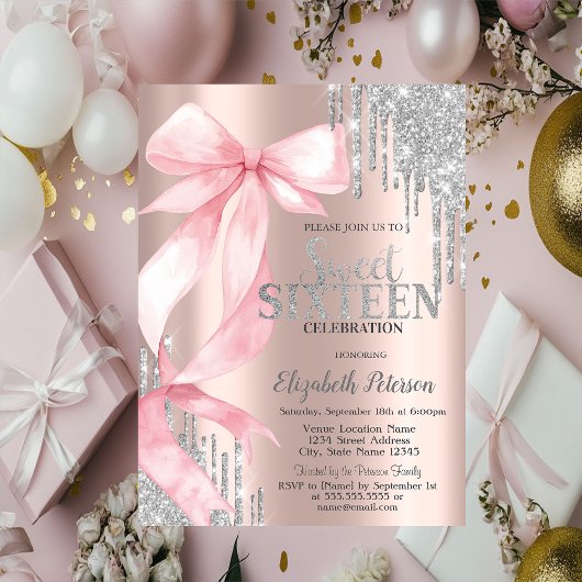 Pink Bow Silver Glitter Drips Rose Gold Sweet 16 招待状