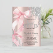 Pink Bow Silver Glitter Drips Rose Gold Sweet 16 招待状 (スタンド正面)