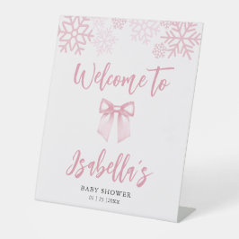 Pink Bow Snowflake Baby Shower Welcome 台座サイン