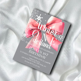 Pink Bow Snowflake Snow Script First Birthday B 招待状