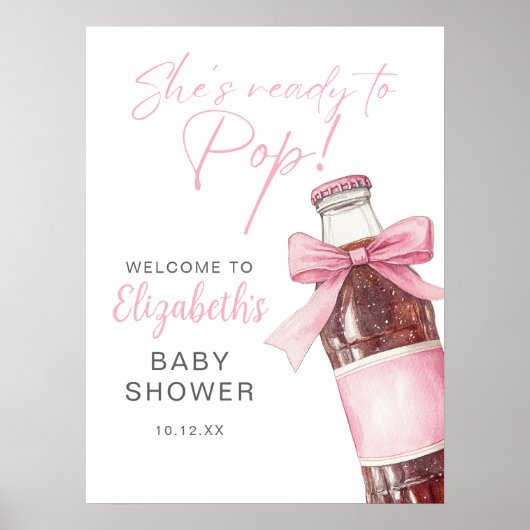 Pink Bow Soda Bottle Baby Shower Welcome Sign ポスター (正面)