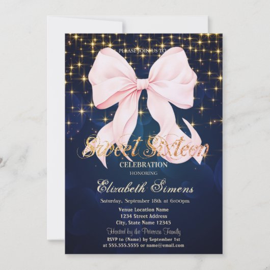 Pink Bow Sparkle Navy Blue 招待状 (正面)
