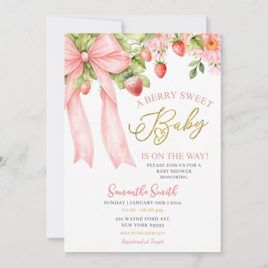 Pink Bow Strawberry Baby Shower Invitation 招待状 (正面)