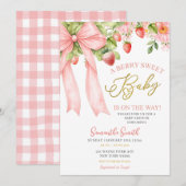 Pink Bow Strawberry Baby Shower Invitation 招待状 (正面/裏面)