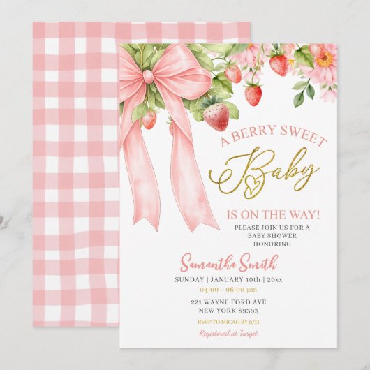 Pink Bow Strawberry Baby Shower Invitation 招待状 (正面/裏面)