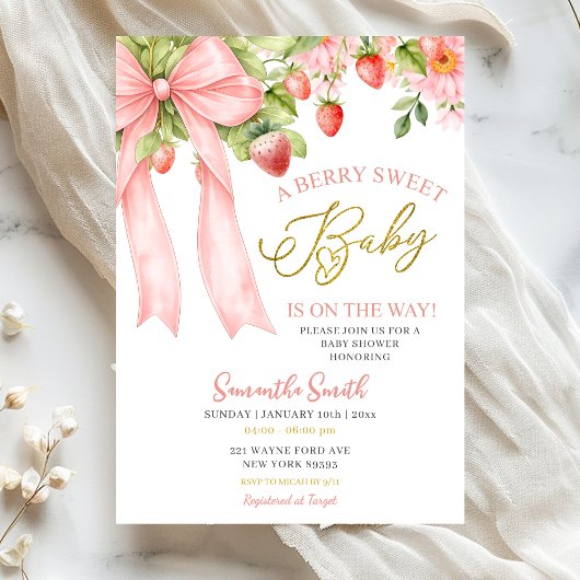 Pink Bow Strawberry Baby Shower Invitation 招待状