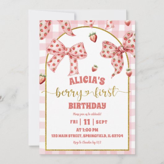 Pink Bow strawberry berry first birthday 招待状 (正面)