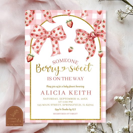 Pink Bow strawberry berry sweet baby shower 招待状
