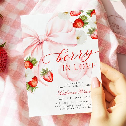 Pink Bow Strawberry Bridal Shower Invitation 招待状