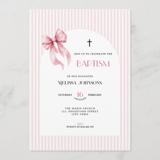 Pink Bow Striped Baptism Invitation for Girls 招待状 (正面)