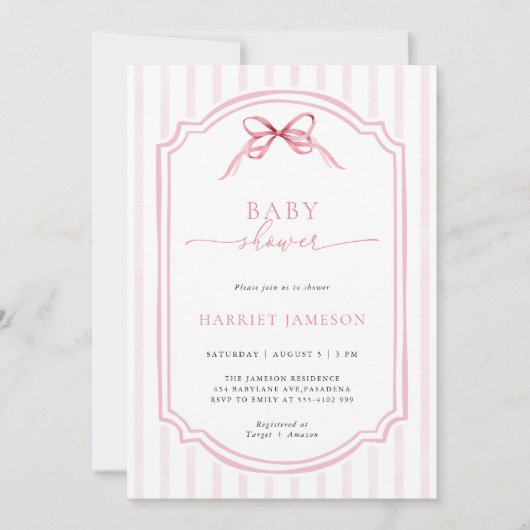 Pink Bow Stripes Baby Shower Invitation 招待状 (正面)