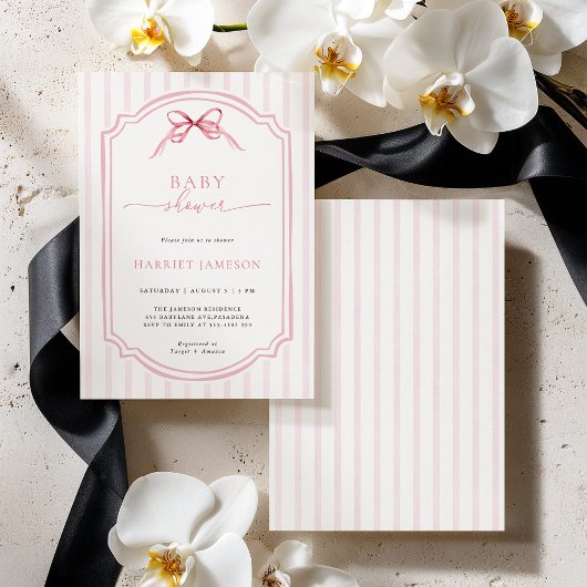 Pink Bow Stripes Baby Shower Invitation 招待状